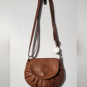 Leather Gathered Flap Crossbody Bag in Tan
